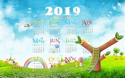 4k, Calendario 2019, cartone animato paesaggio, 2019 Calendario Annuale, arcobaleno, Anno 2019 Calendario, opere d&#39;arte, 2019 calendari, creativo, 2019 calendario
