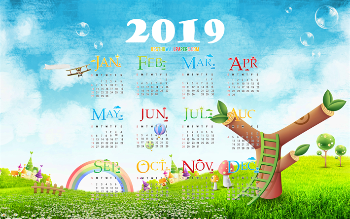 4k, Calendario 2019, cartone animato paesaggio, 2019 Calendario Annuale, arcobaleno, Anno 2019 Calendario, opere d&#39;arte, 2019 calendari, creativo, 2019 calendario
