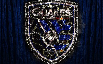 San Jose Earthquakes FC, scorched logo, MLS, blue wooden background, Western Conference, american football club, grunge, Major League Soccer, football, soccer, San Jose Earthquakes logo, fire texture, USA