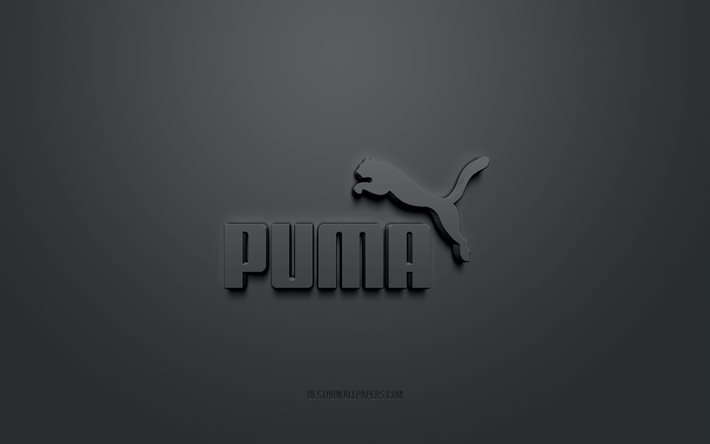 Puma-logo, musta tausta, Puma 3d -logo, 3d-taide, Puma, tuotemerkkien logo, sininen 3d Puma -logo