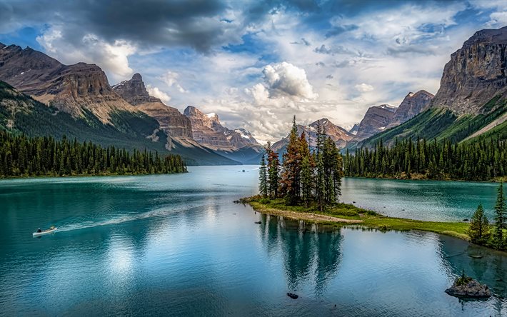 4k, Maligne Lake, summer, HDR, Jasper National Park, mountains, Alberta, Canada, beautiful nature