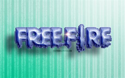 4k, Garena Free Fire 3D logo, blue realistic balloons, games brands, Garena Free Fire logo, GFF, Free Fire logo, blue wooden backgrounds, Garena Free Fire
