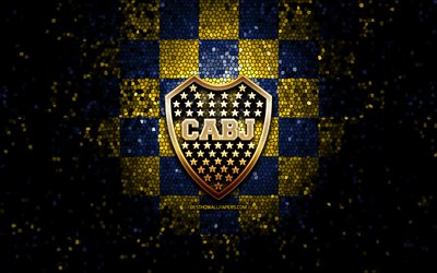 Boca Juniors FC, glitter-logo, Argentiinan Primera-divisioona, sinikeltainen tammettu tausta, jalkapallo, argentiinalainen jalkapalloseura, Boca Juniorsin logo, CABJ, mosaiikkitaide, CA Boca Juniors, Club Atletico Boca Juniors