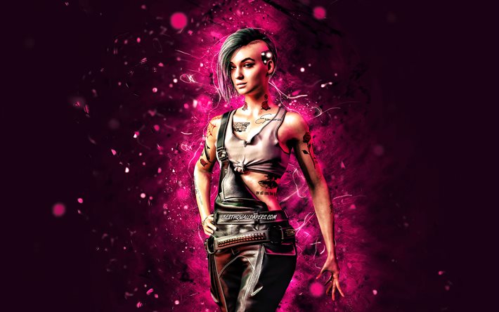 Judy Alvarez, 4k, violetit neonvalot, Cyberpunk 2077, RPG, fanitaide, Cyberpunk 2077 -hahmot, Judy Alvarez Cyberpunk