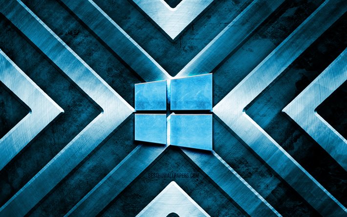 ウィンドウズ 10 金属ロゴ, 4K, 青い金属の背景, OS, 金属の矢印, Microsoft Windows 10, creative クリエイティブ, Windows10の青いロゴ