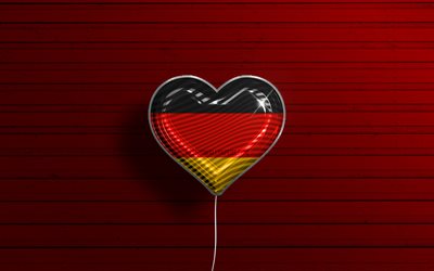 I Love Germany, 4k, ballons r&#233;alistes, fond en bois rouge, coeur de drapeau allemand, Europe, pays pr&#233;f&#233;r&#233;s, drapeau de l’Allemagne, ballon avec drapeau, drapeau allemand, Allemagne, Amour Allemagne