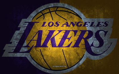 Los Angeles Lakers, squadra di basket americana, sfondo viola, logo Los Angeles Lakers, arte grunge, NBA, basket, USA, emblema dei Los Angeles Lakers