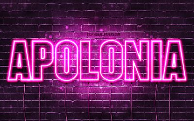 Apolonia, 4k, fonds d’&#233;cran avec des noms, noms f&#233;minins, nom Apolonia, n&#233;ons violets, Joyeux anniversaire Apolonia, noms f&#233;minins polonais populaires, image avec le nom Apolonia