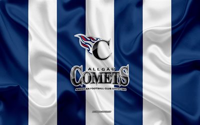 Allgau Comets, German American Football Club, GFL, drapeau en soie bleue et blanche, Logo Allgau Comets, Ligue allemande de football, Football am&#233;ricain, Kempten, Allemagne