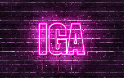 Iga, 4k, wallpapers with names, female names, Iga name, purple neon lights, Happy Birthday Iga, popular polish female names, picture with Iga name