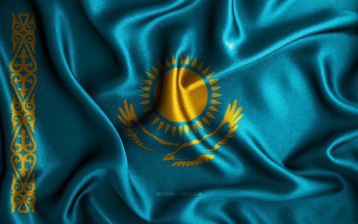 Kazakiska flagga, 4k, sidenv&#229;giga flaggor, asiatiska l&#228;nder, nationella symboler, Kazakstans flagga, tygflaggor, 3D-konst, Kazakstan, Asien, Kazakstan 3D-flagga