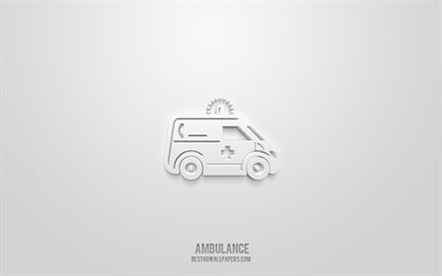 Icona 3d ambulanza, sfondo bianco, simboli 3d, ambulanza, icone medicina, icone 3d, segno ambulanza, icone medicina 3d