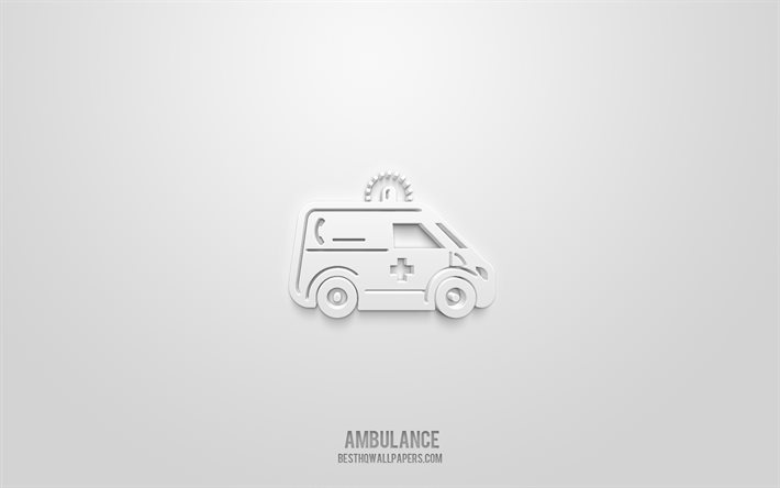Ambulance 3d icon, white background, 3d symbols, Ambulance, Medicine icons, 3d icons, Ambulance sign, Medicine 3d icons