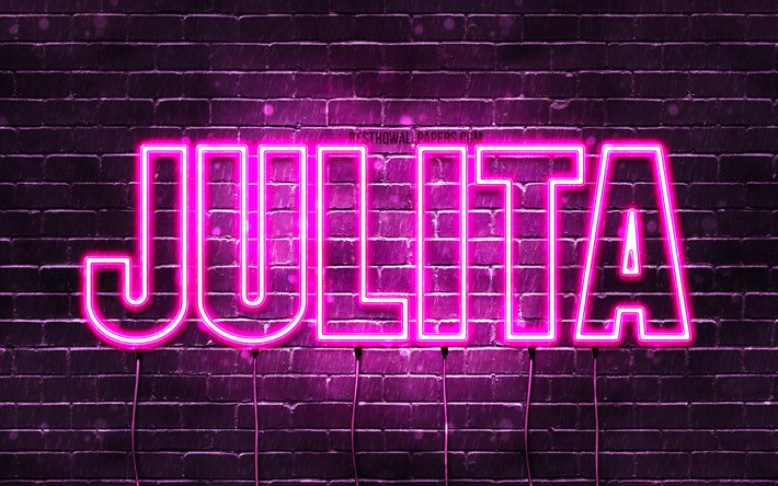 Julita, 4k, fonds d&#39;&#233;cran avec des noms, des pr&#233;noms f&#233;minins, le nom de Julita, des n&#233;ons violets, joyeux anniversaire Julita, des pr&#233;noms f&#233;minins polonais populaires, une photo avec le nom de Julita