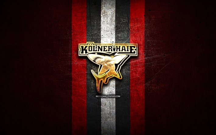 Kolner Haie, golden logo, DEL, red metal background, german hockey team, Deutsche Eishockey Liga, german hockey league, Kolner Haie logo, hockey, Cologne Sharks