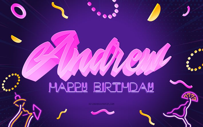 Grattis p&#229; f&#246;delsedagen Andrew, 4k, Purple Party Background, Lincoln, kreativ konst, Happy Andrew f&#246;delsedag, Andrew name, Andrew Birthday, Birthday Party Background