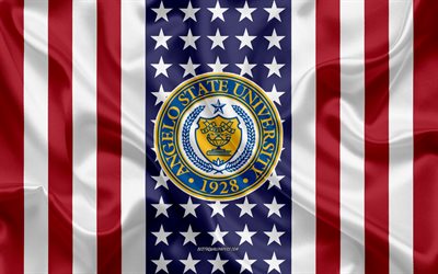 Emblema della Angelo State University, bandiera americana, logo della Angelo State University, San Angelo, Texas, USA, Angelo State University