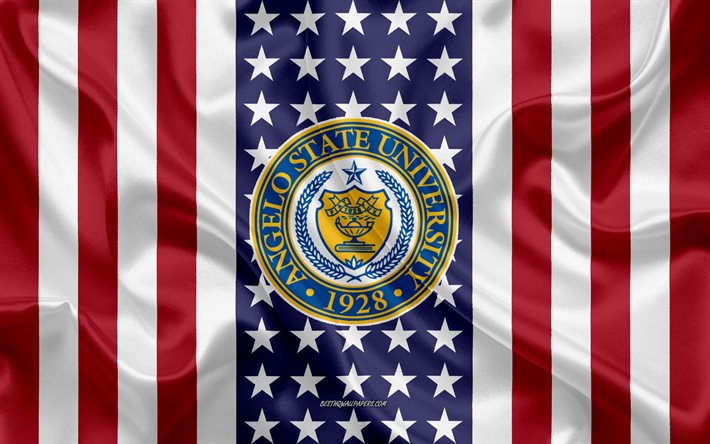 emblem der angelo state university, amerikanische flagge, logo der angelo state university, san angelo, texas, usa, angelo state university