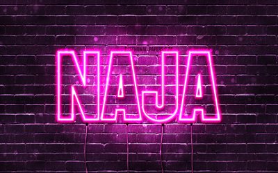 Naja, 4k, fonds d&#39;&#233;cran avec noms, noms f&#233;minins, nom Naja, n&#233;ons violets, joyeux anniversaire Naja, noms f&#233;minins danois populaires, photo avec nom Naja