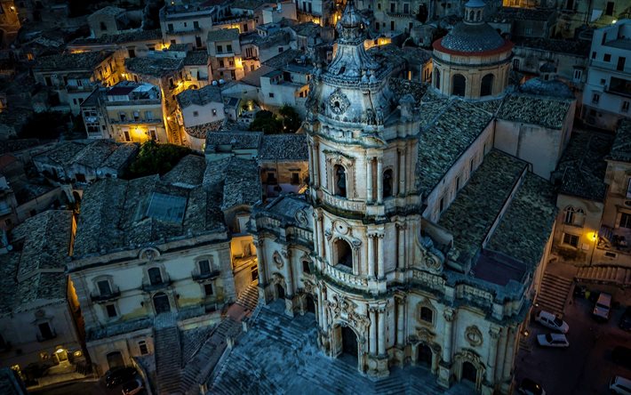 Church of Saint George, italian cities, nightscapes, Sicily, Modica, Italy, Modica at night