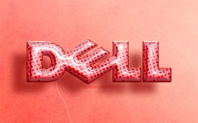 4K, logo Dell 3D, illustrations, ballons r&#233;alistes roses, logo Dell, arri&#232;re-plans roses, Dell