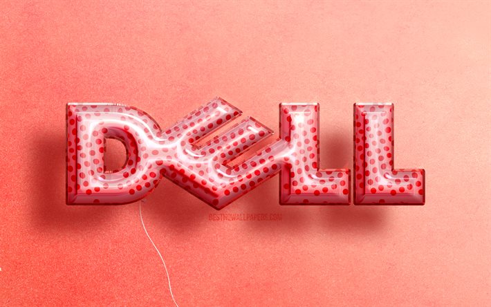 4K, logotipo Dell 3D, arte, bal&#245;es rosa realistas, logotipo Dell, planos de fundo rosa, Dell