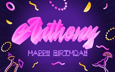 お誕生日おめでとうアンソニー, 4k, 紫のパーティーの背景, アンソニー, クリエイティブアート, アンソニーお誕生日おめでとう, アンソニーの名前, アンソニーの誕生日, 誕生日パーティーの背景