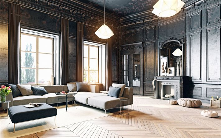 黒のアンティークインテリアデザイン, クラシックな黒のインテリア, living room, リビングルームの黒い暖炉, アンティークでスタイリッシュなインテリア