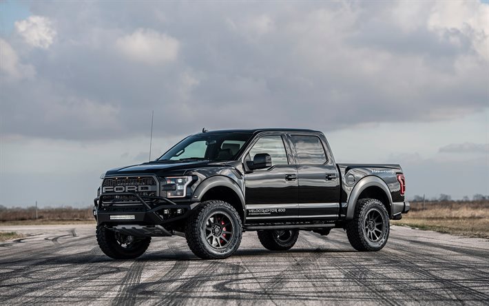 Hennessey VelociRaptor 600 Twin Turbo, tuning, 2018 voitures, SUV, pick-up noir, voitures am&#233;ricaines, Hennessey