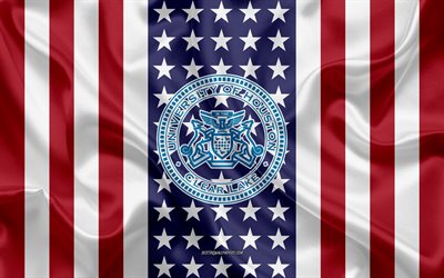 emblem der universit&#228;t von houston-clear lake, amerikanische flagge, logo der universit&#228;t von houston-clear lake, houston, texas, usa, universit&#228;t von houston-clear lake