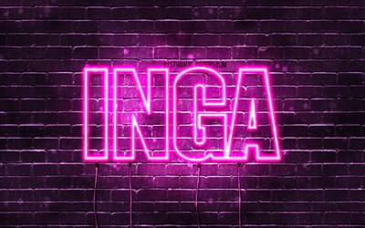 Inga, 4k, isimli duvar kağıtları, kadın isimleri, Inga adı, mor neon ışıkları, Mutlu Yıllar Inga, pop&#252;ler Polonya kadın isimleri, Inga isimli resim