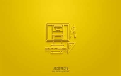 Arkkitehdit 3d-kuvake, keltainen tausta, 3d-symbolit, arkkitehdit, rakentamisen kuvakkeet, 3d-kuvakkeet, arkkitehtien merkki, rakentamisen 3d-kuvakkeet