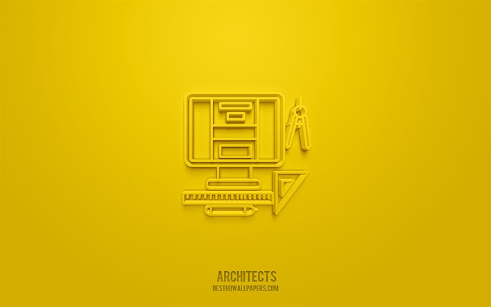 رمز المهندسين المعماريين 3D, ـ خلفية صفراء :, رموز ثلاثية الأبعاد, المهندسون المعماريون, أيقونات البناء, أيقونات ثلاثية الأبعاد, علامة المهندسين المعماريين, بناء 3d الرموز