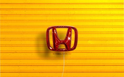 Logo Honda, 4K, palloncini realistici rossi, marche di automobili, logo Honda 3D, sfondi in legno gialli, Honda