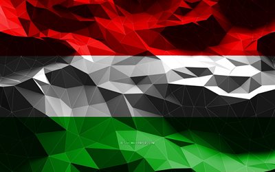 4k, drapeau hongrois, art low poly, pays europ&#233;ens, symboles nationaux, drapeau de la Hongrie, drapeaux 3D, Hongrie, Europe, drapeau de la Hongrie 3D