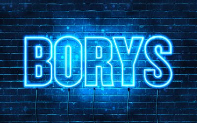 Borys, 4k, fonds d&#39;&#233;cran avec des noms, nom de Borys, n&#233;ons bleus, joyeux anniversaire Borys, noms masculins polonais populaires, photo avec le nom de Borys