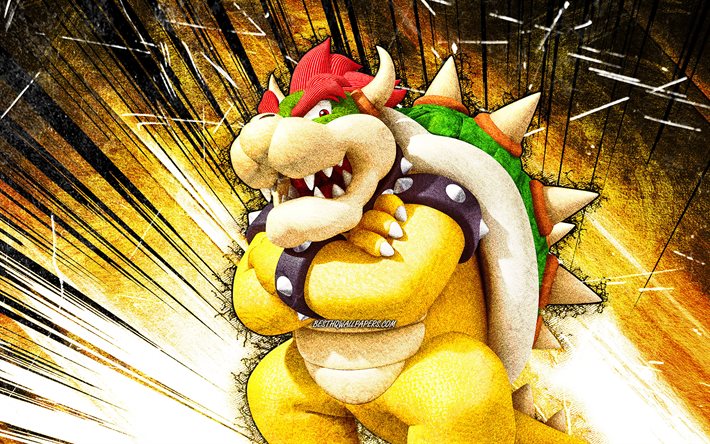 Download wallpapers 4k Bowser grunge art cartoon dragon Super Mario  yellow abstract rays creative Super Mario characters Super Mario Bros  Bowser Super Mario for desktop free Pictures for desktop free