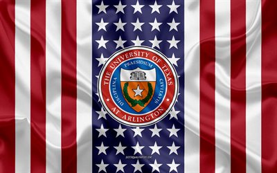 universit&#228;t von texas bei arlington emblem, amerikanische flagge, universit&#228;t von texas bei arlington logo, arlington, texas, usa, universit&#228;t von texas bei arlington