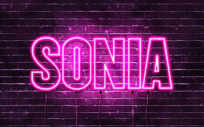 Sonia, 4k, fonds d&#39;&#233;cran avec noms, noms f&#233;minins, nom Sonia, n&#233;ons violets, joyeux anniversaire Sonia, noms f&#233;minins polonais populaires, photo avec le nom Sonia