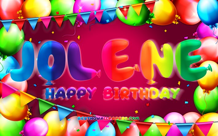 Buon compleanno Jolene, 4k, cornice palloncino colorato, nome Jolene, sfondo viola, buon compleanno Jolene, compleanno Jolene, nomi femminili americani popolari, concetto di compleanno, Jolene