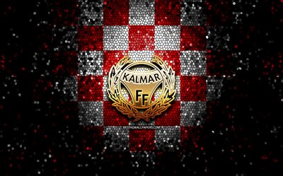 Kalmar FC, parlak logo, Allsvenskan, kırmızı beyaz damalı arka plan, futbol, İsve&#231; futbol kul&#252;b&#252;, Kalmar logosu, mozaik sanatı, Kalmar FF