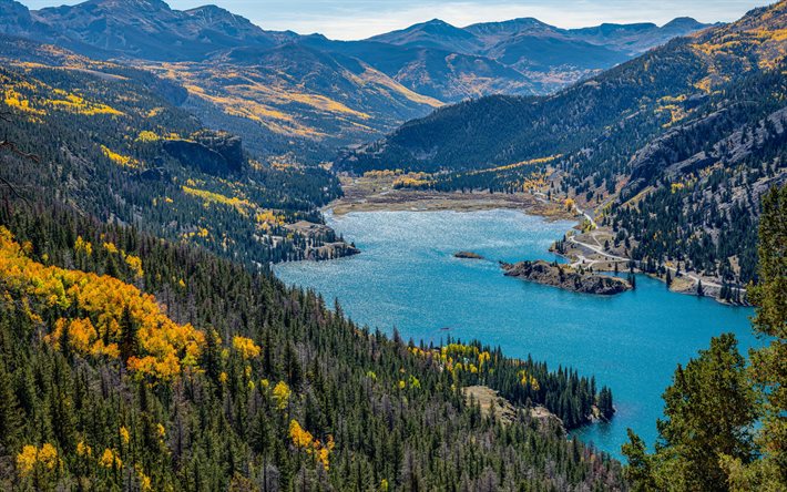 lago de montanha, manh&#227;, paisagem de montanha, floresta, montanhas, Colorado, EUA