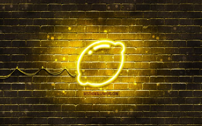 zitronen-neon-symbol, 4k, gelber hintergrund, neon-symbole, zitrone, kreativ, zitronenzeichen, lebensmittelzeichen, zitronen-symbol, lebensmittel-symbole
