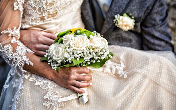 bouquet de mariage, 4k, mari&#233;e et le mari&#233;, un bouquet de roses, concepts de mariage, bouquet de mariage de roses