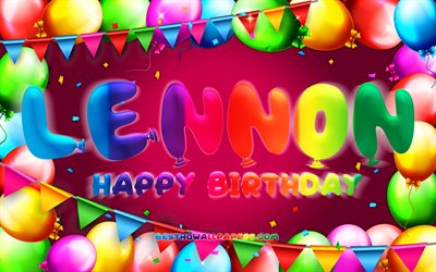 お誕生日おめでとうレノン, 4k, カラフルなバルーンフレーム, レノンの名前, 紫色の背景, レノンお誕生日おめでとう, レノンの誕生日, 人気のアメリカ人女性の名前, 誕生日のコンセプト, ジョン・レノン