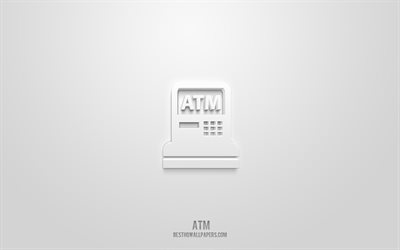 ATM 3D-ikon, vit bakgrund, 3D-symboler, ATM, Bankikoner, 3D-ikoner, ATM-tecken, Bank 3D-ikoner