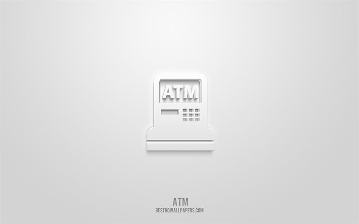 ATM 3D-ikon, vit bakgrund, 3D-symboler, ATM, Bankikoner, 3D-ikoner, ATM-tecken, Bank 3D-ikoner