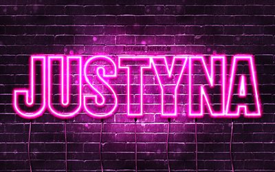 Justyna, 4k, wallpapers with names, female names, Justyna name, purple neon lights, Happy Birthday Justyna, popular polish female names, picture with Justyna name