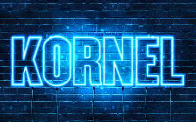 Kornel, 4k, fonds d&#39;&#233;cran avec des noms, nom Kornel, n&#233;ons bleus, joyeux anniversaire Kornel, noms masculins polonais populaires, photo avec nom Kornel