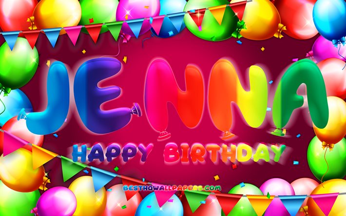 Buon compleanno Jenna, 4k, cornice di palloncini colorati, nome Jenna, sfondo viola, buon compleanno Jenna, compleanno di Jenna, nomi femminili americani popolari, concetto di compleanno, Jenna